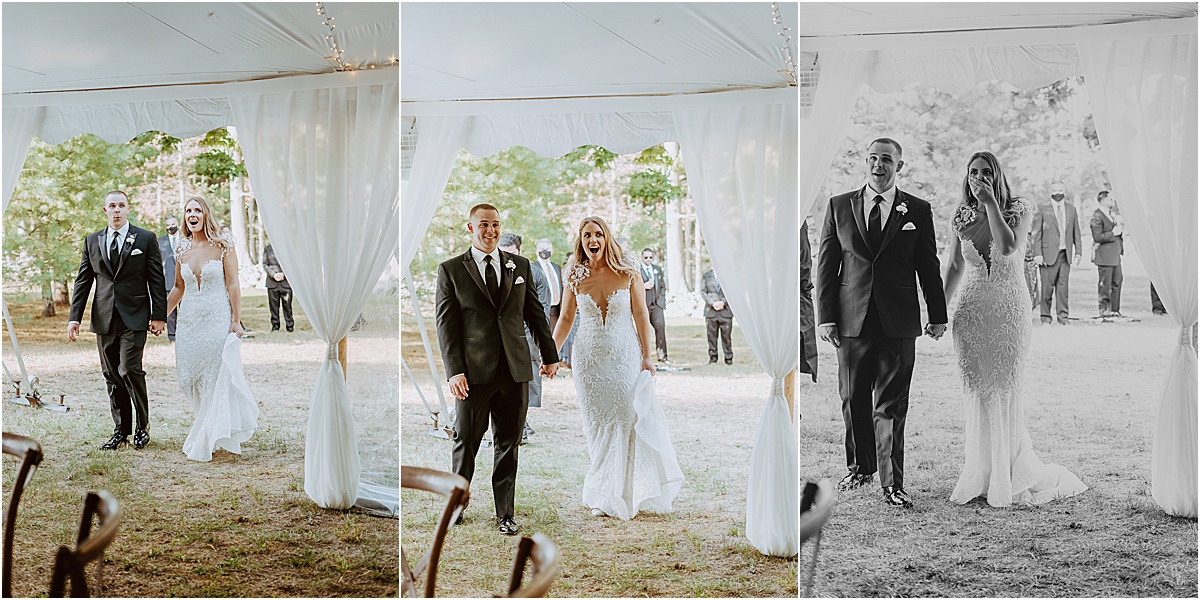 Bride and Groom Reaction to Elegant Reception Tent