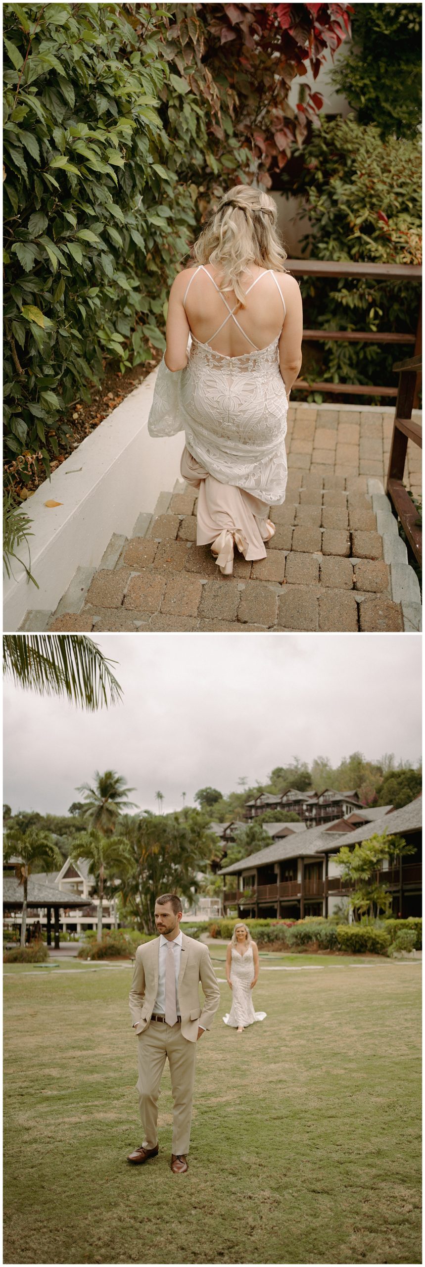 Bride walking to first look at Marigot Bay Resort in St Lucia