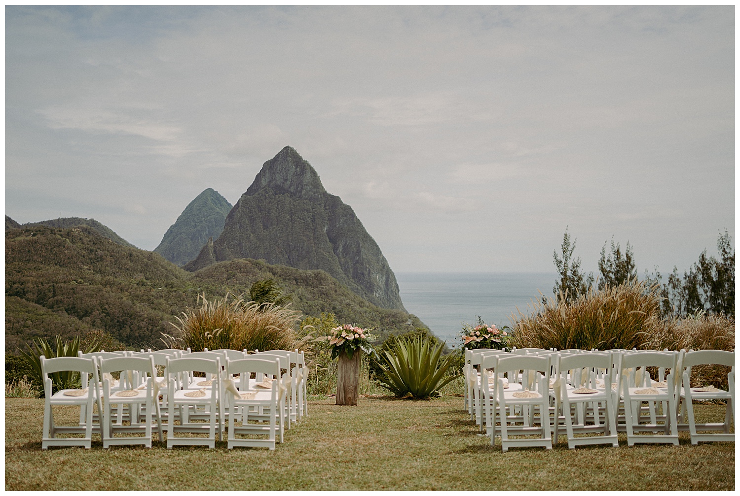 Destination Wedding Ceremony view of the Pitons in St Lucia at La Haut Plantation