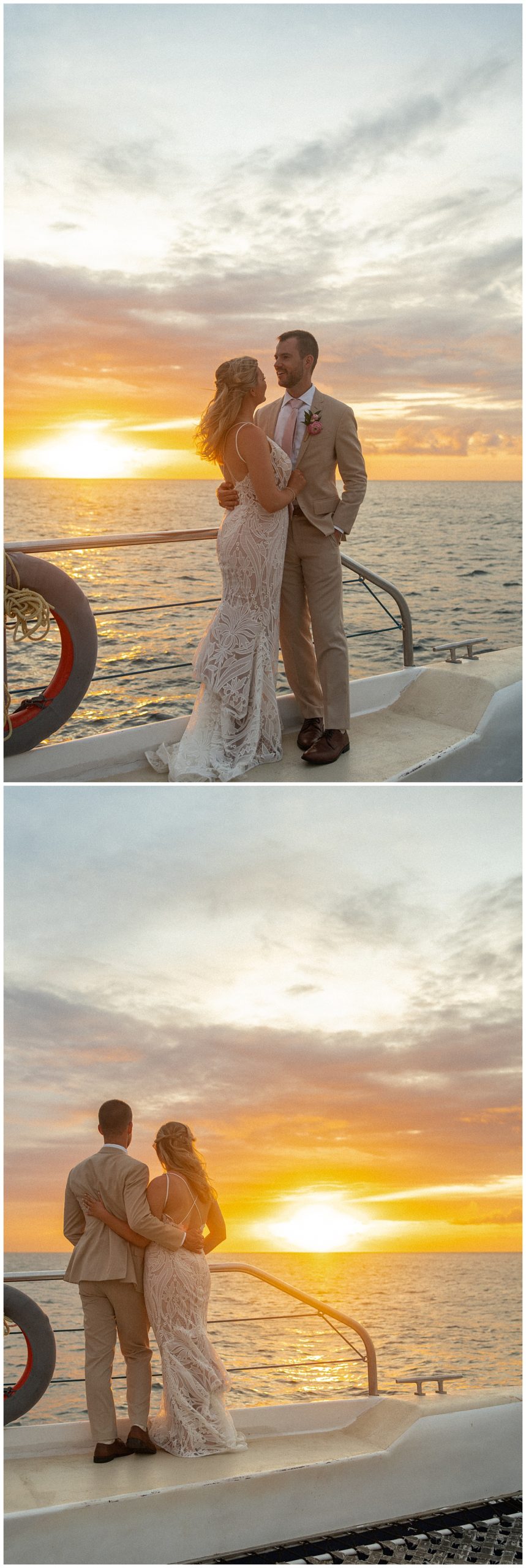 Catamaran Sunset Cocktail Hour bride and groom sunset portraits