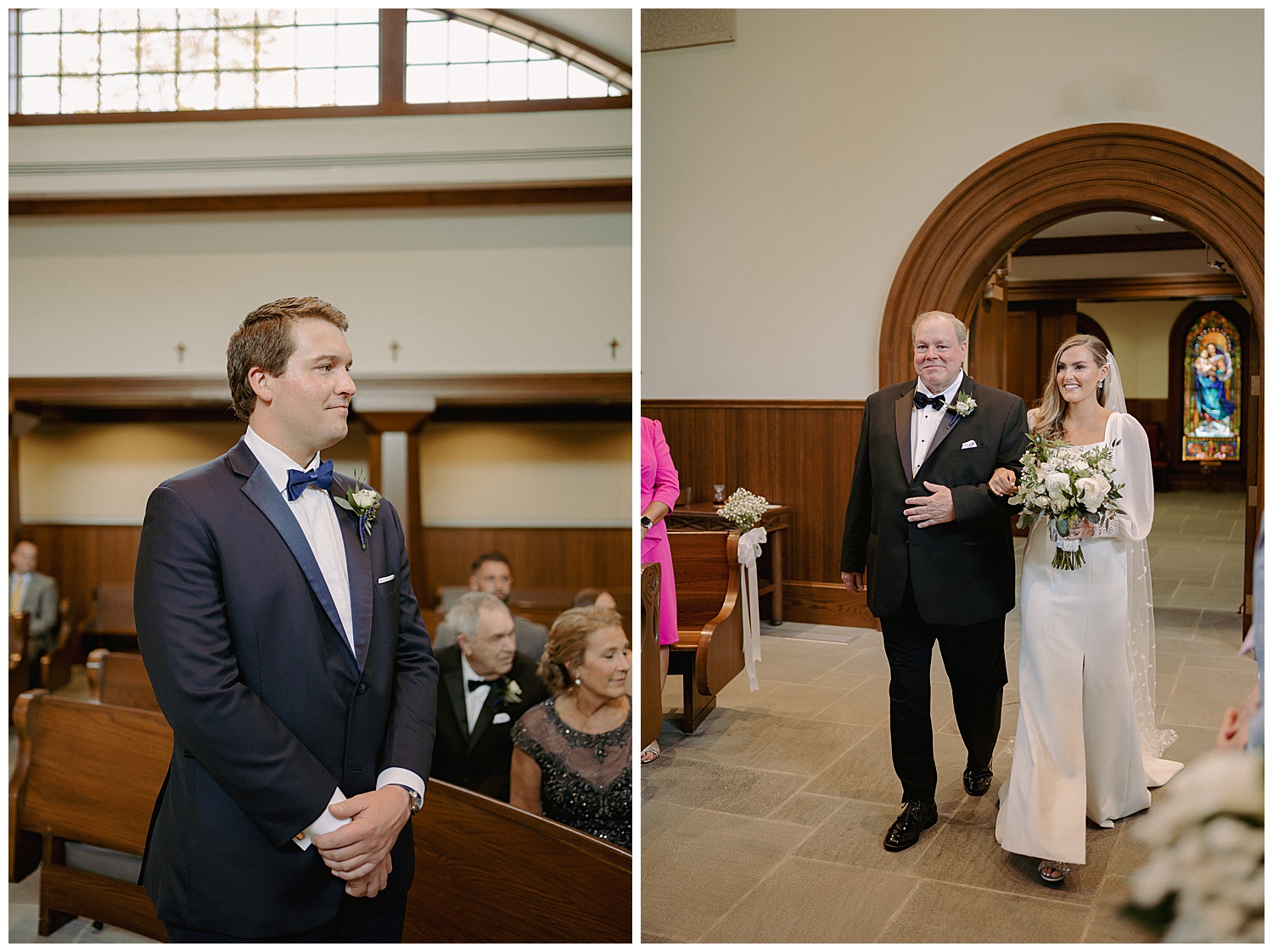 Groom watching bride walk down the isle with her father