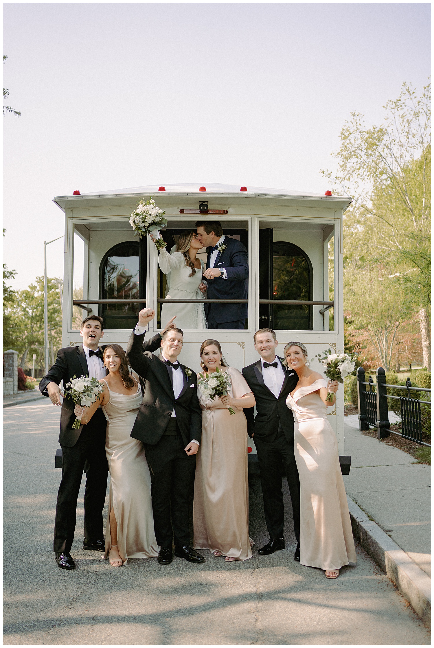 Chic Newport Wedding Party Photos with Trolley