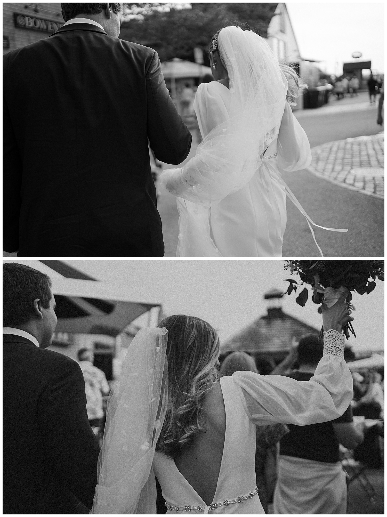 Black and White candids of Chic downtown Newport wedding on walk to venue