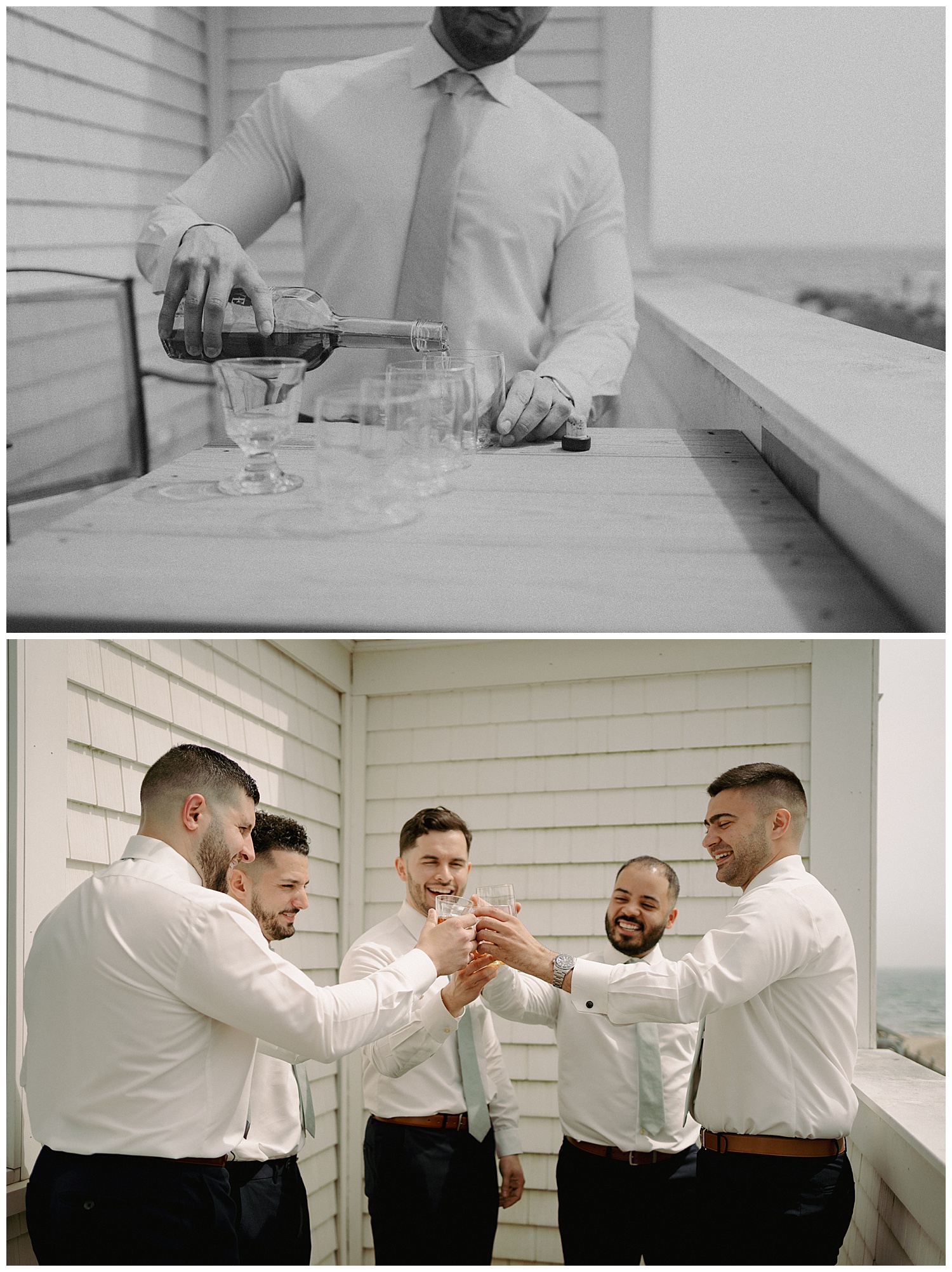 Groom and Groomsmen having a whiskey shot at By the Sea Inn on Cape Cod