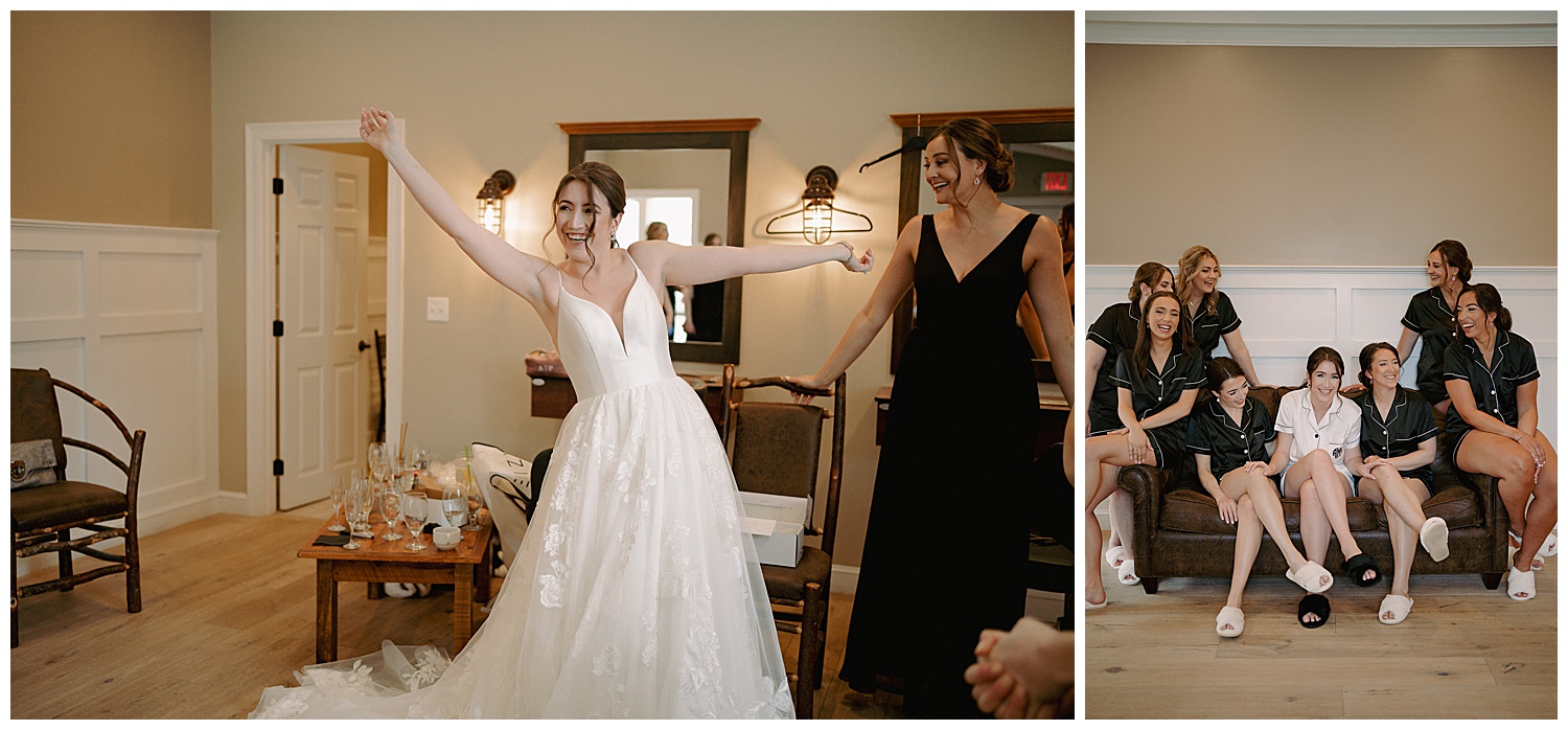 Candid bridal party getting ready photos with bride dress reveal.