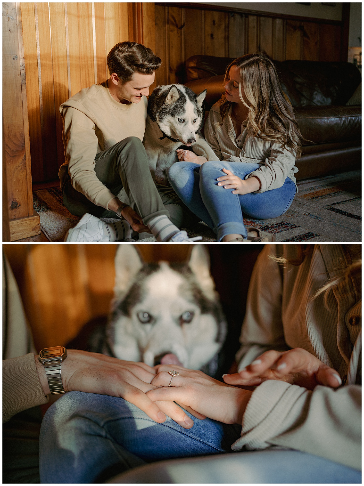 Couple sitting on the floor at home with their husky