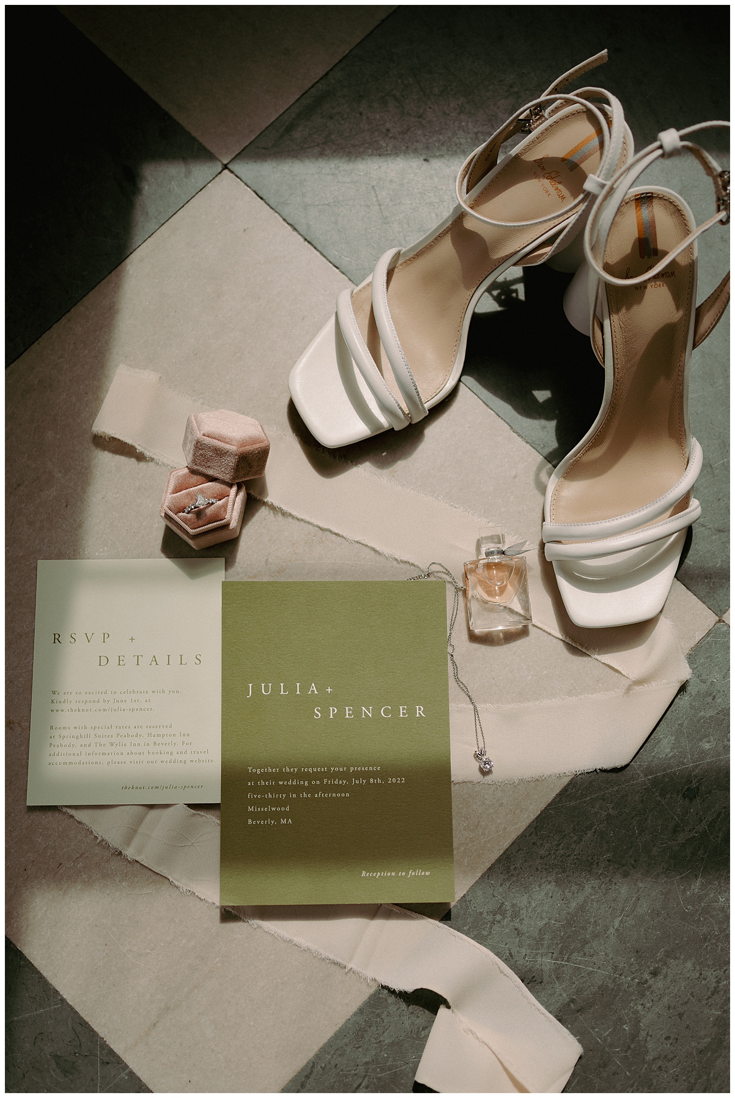 Romantic Wedding Day Details including bride's shoes, perfume, wedding invites