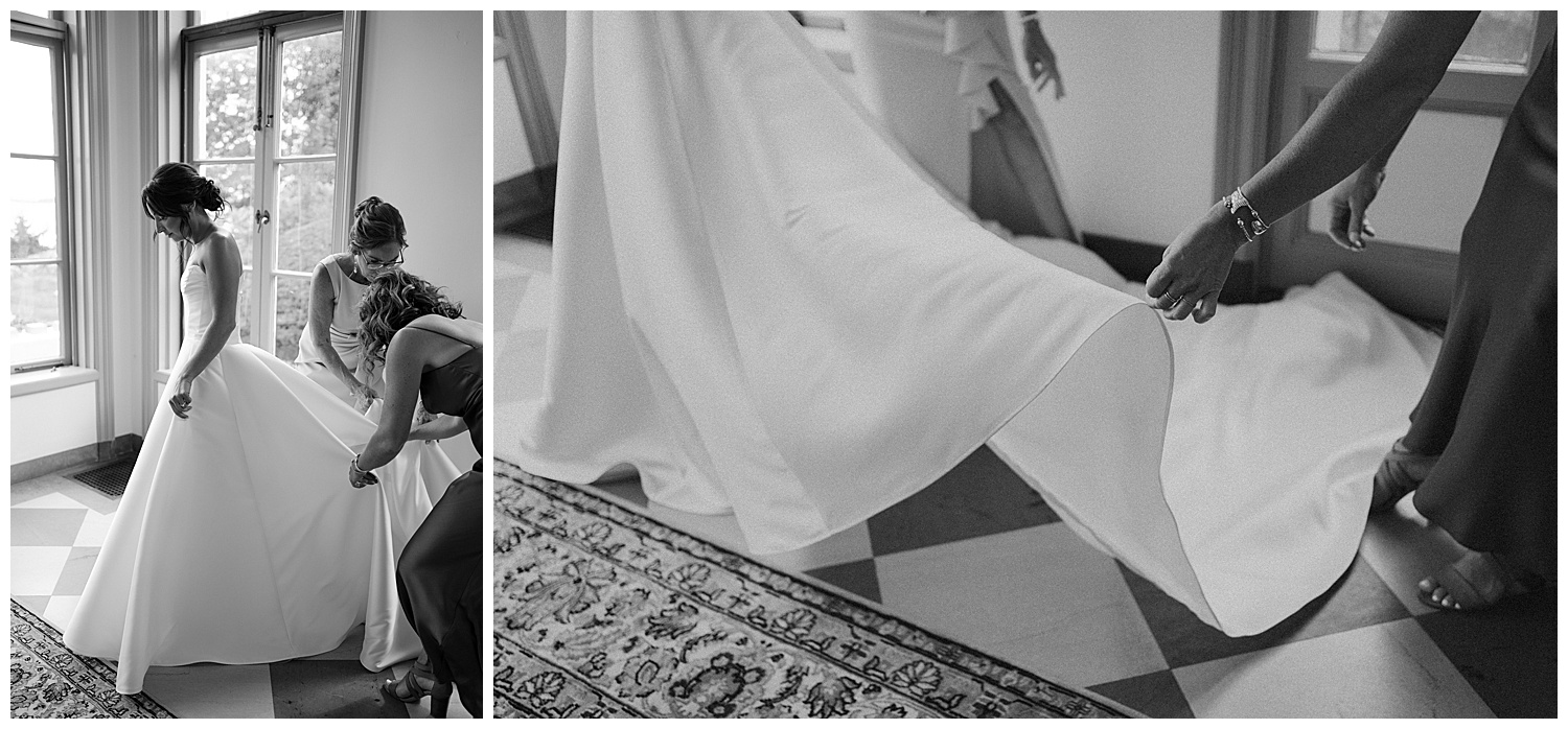 Black and white photos of bride getting dresses with mom and sister
