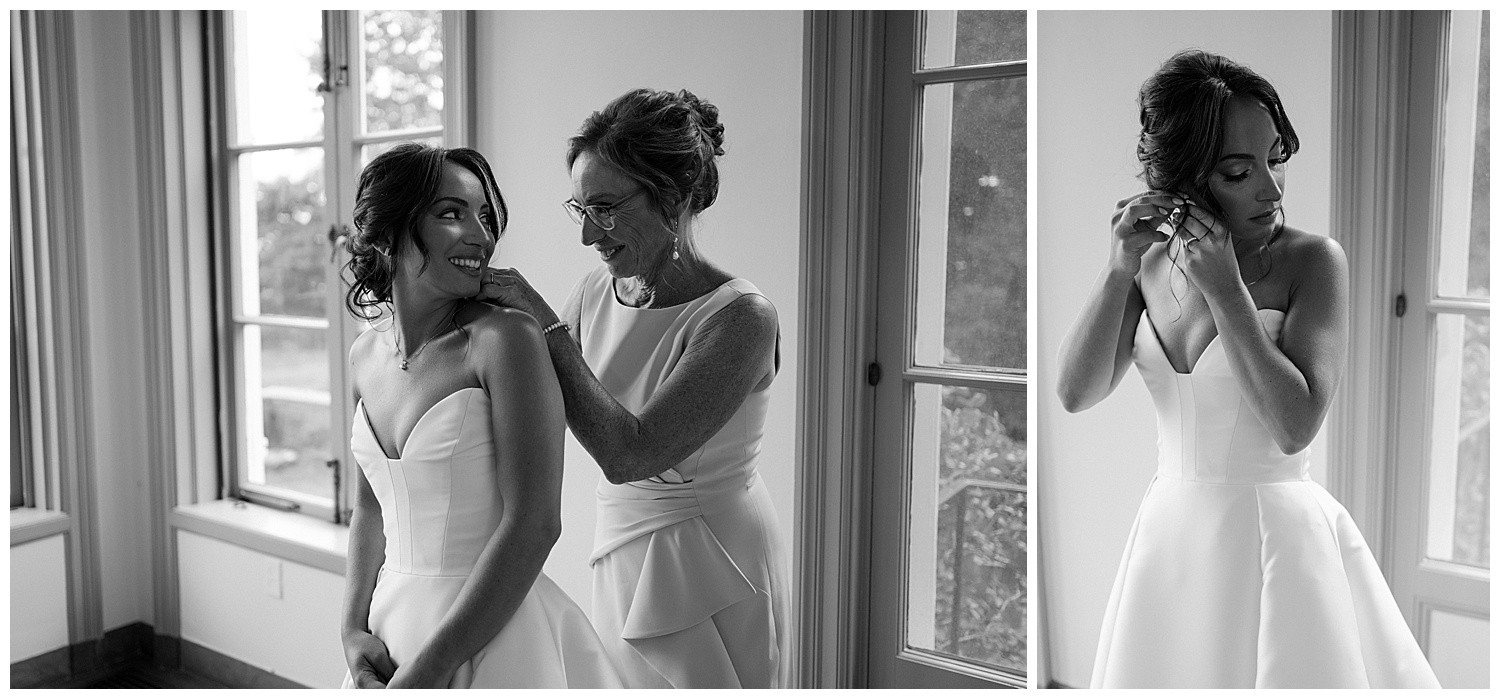 Black and white photos of bride getting dresses with mom and sister