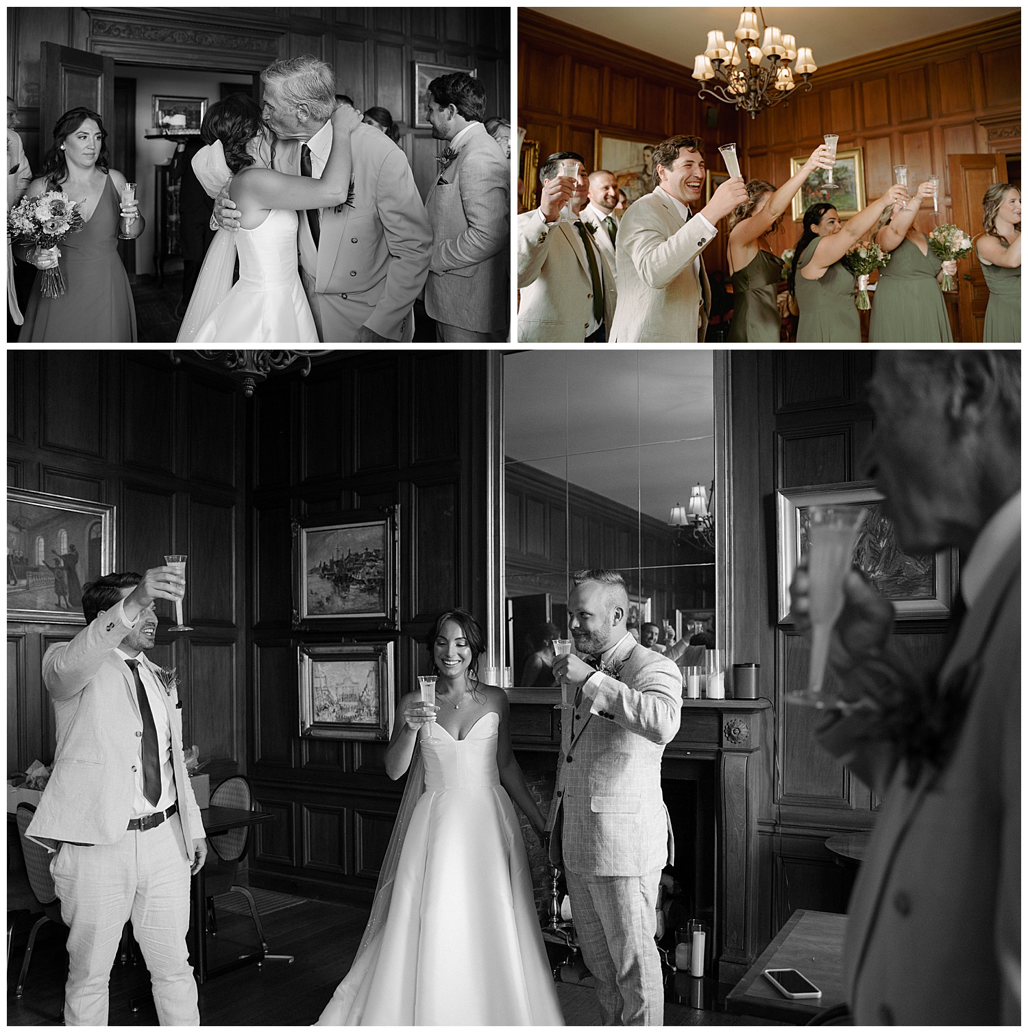Black and white candids of celebrating the wedding ceremony with friends and family